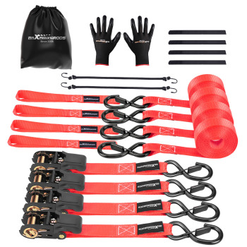 4x Cinghie di Tensione Cricchetto Gancio a S con clip 25mm * 4,5m Rosso 997kg