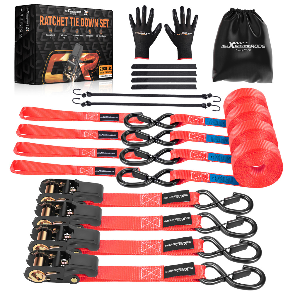 4x Cinghie di Tensione Cricchetto Gancio a S con clip 25mm * 4,5m Rosso 997kg