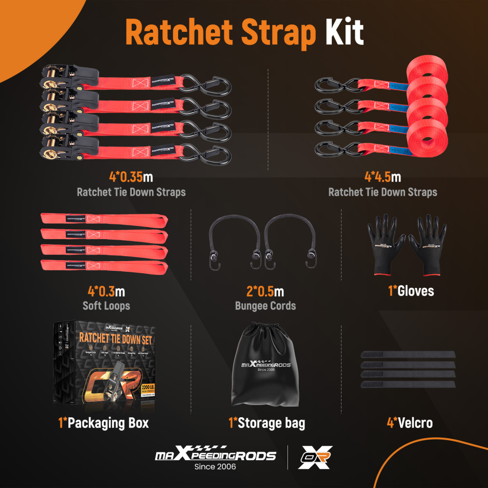 4x Cinghie di Tensione Cricchetto Gancio a S con clip 25mm * 4,5m Rosso 997kg