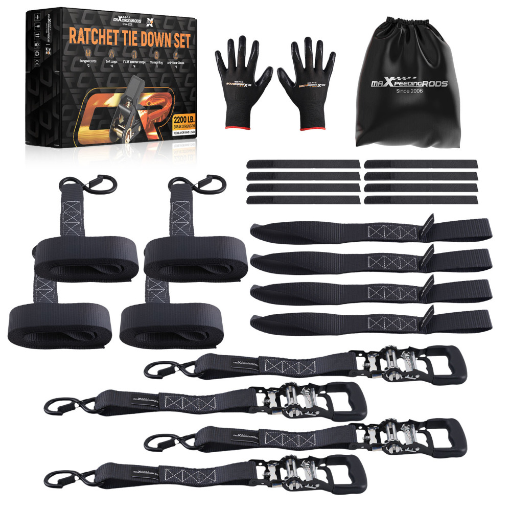 4 Pack Retractable Ratchet Tie Down Straps 1.5 x 15 4400 lb Heaty Duty Black