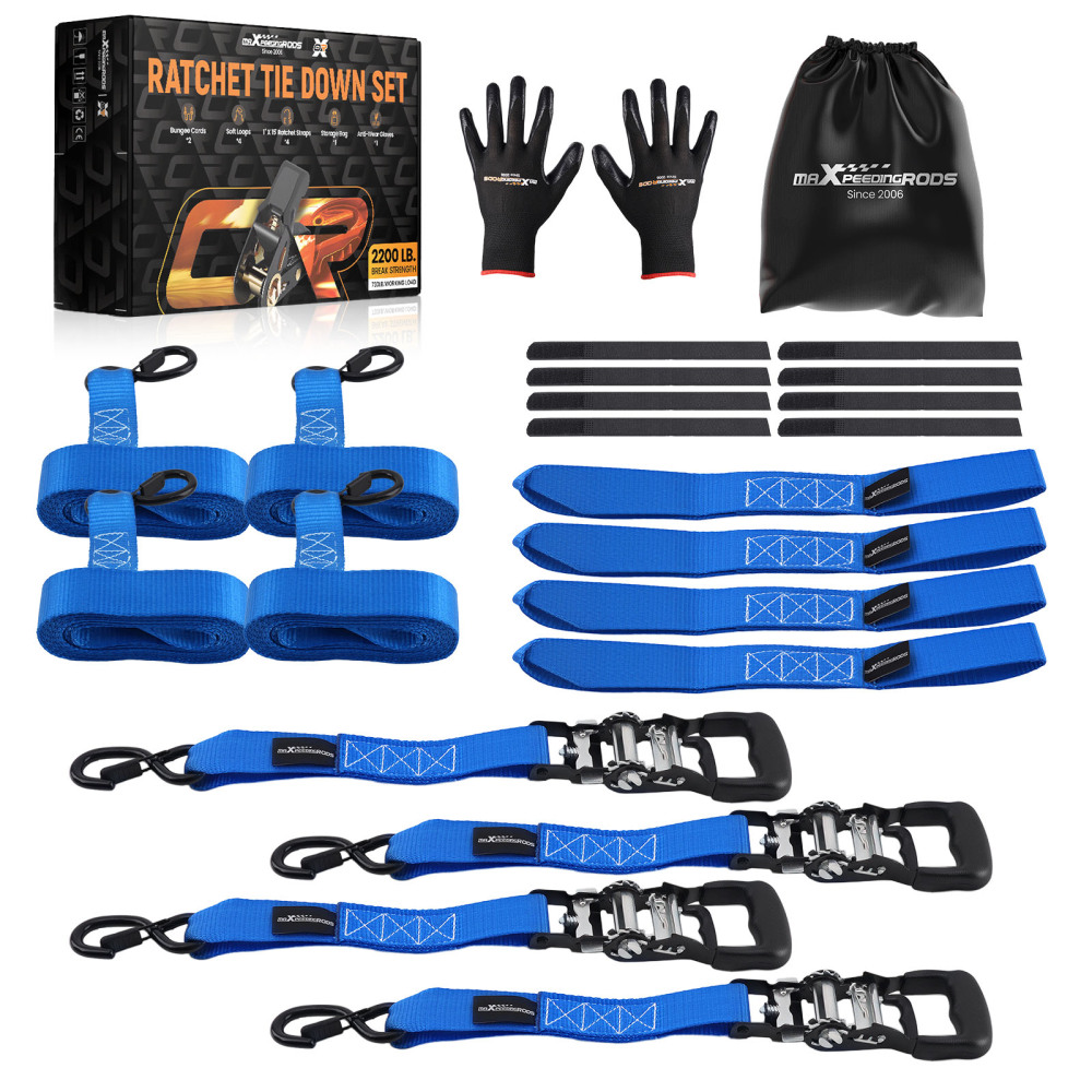 4 Pack Retractable Ratchet Tie Down Straps 1.5 x 15 4400 lb Heaty Duty Blue