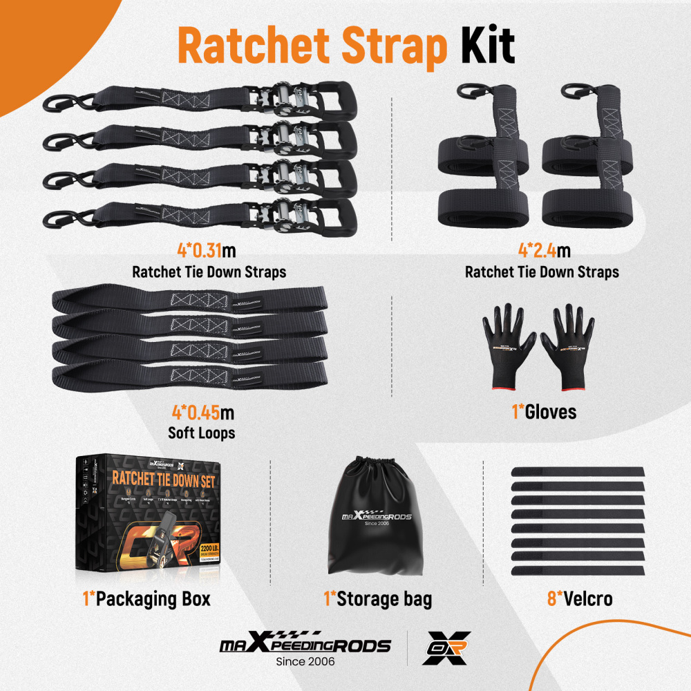 Cinghie di Ancoraggio a Cricchetto for Auto Moto ATV 2363kg 4pz Nero 2.4m