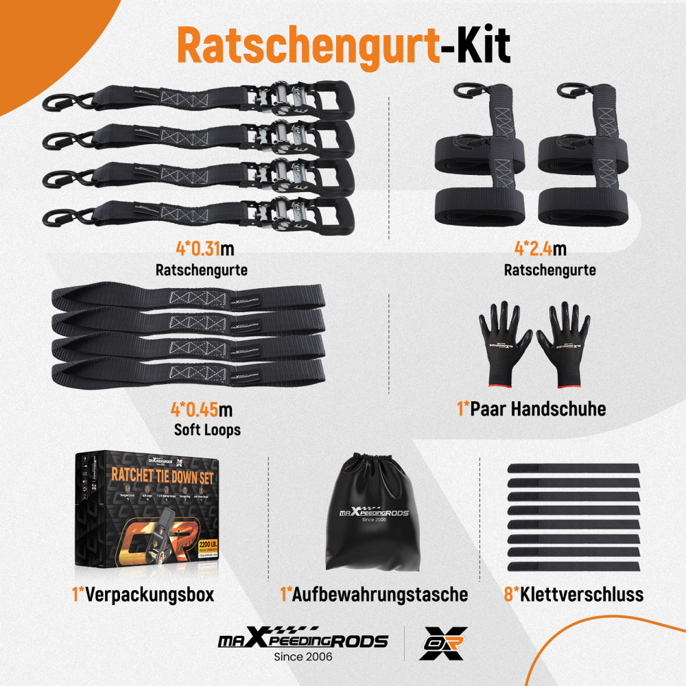 Cinghie di Ancoraggio a Cricchetto for Auto Moto ATV 2363kg 4pz Nero 2.4m