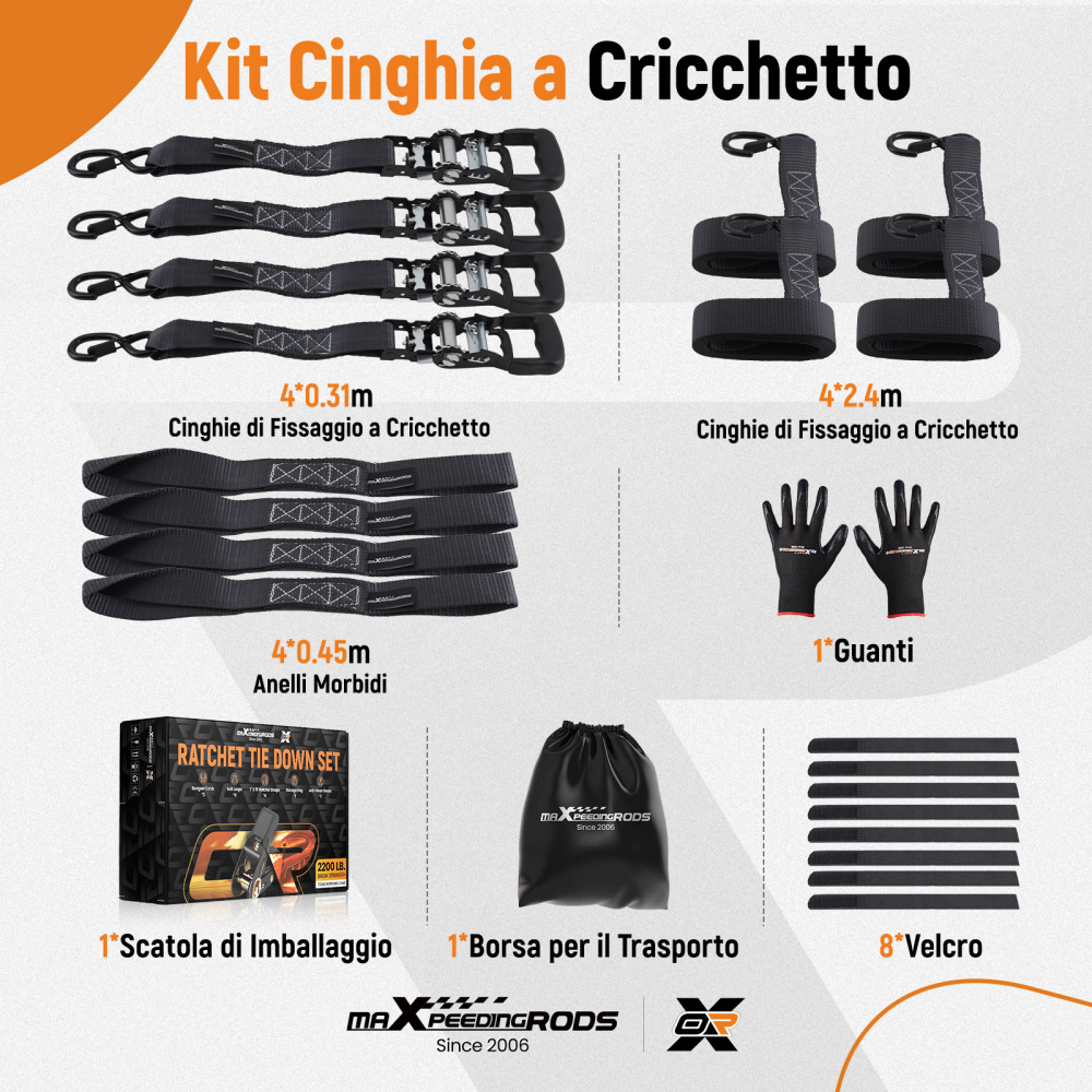 Cinghie di Ancoraggio a Cricchetto for Auto Moto ATV 2363kg 4pz Nero 2.4m