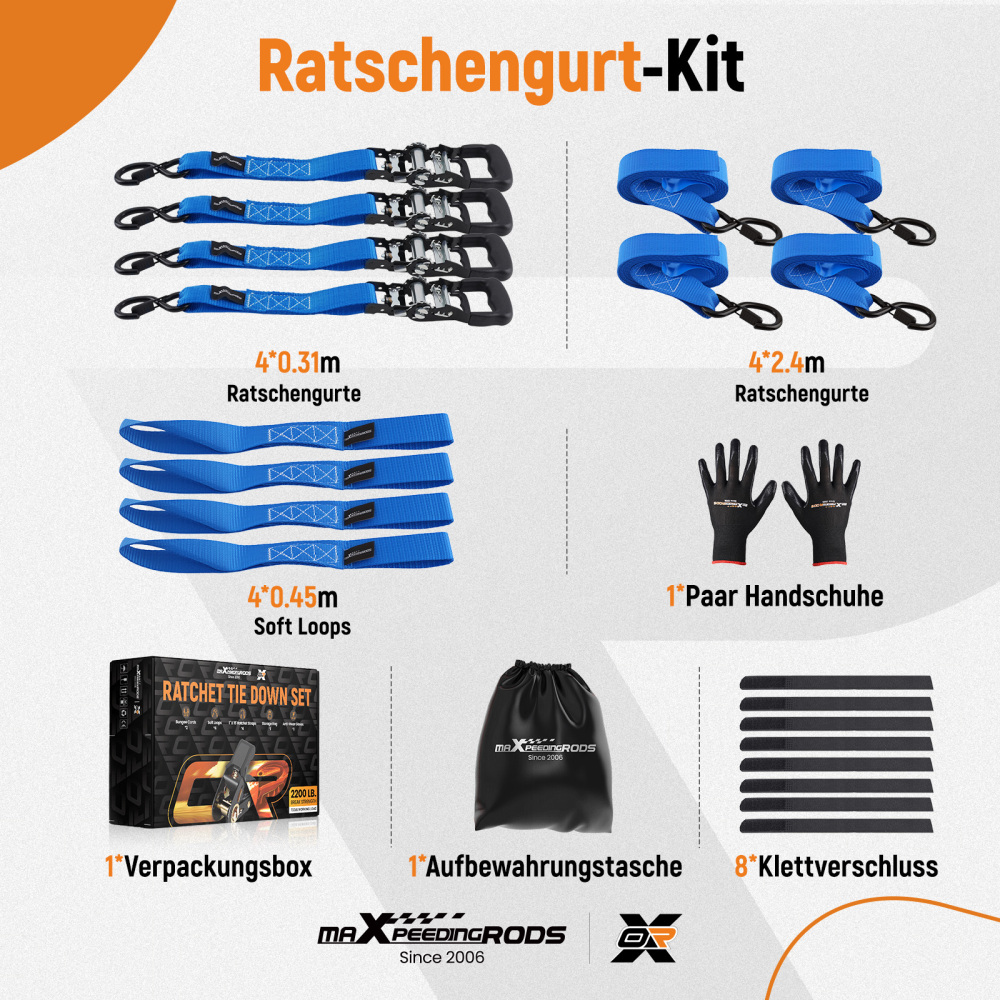 Cinghie di Ancoraggio a Cricchetto for Auto Moto ATV 2363kg 4pz Blu 2.4m