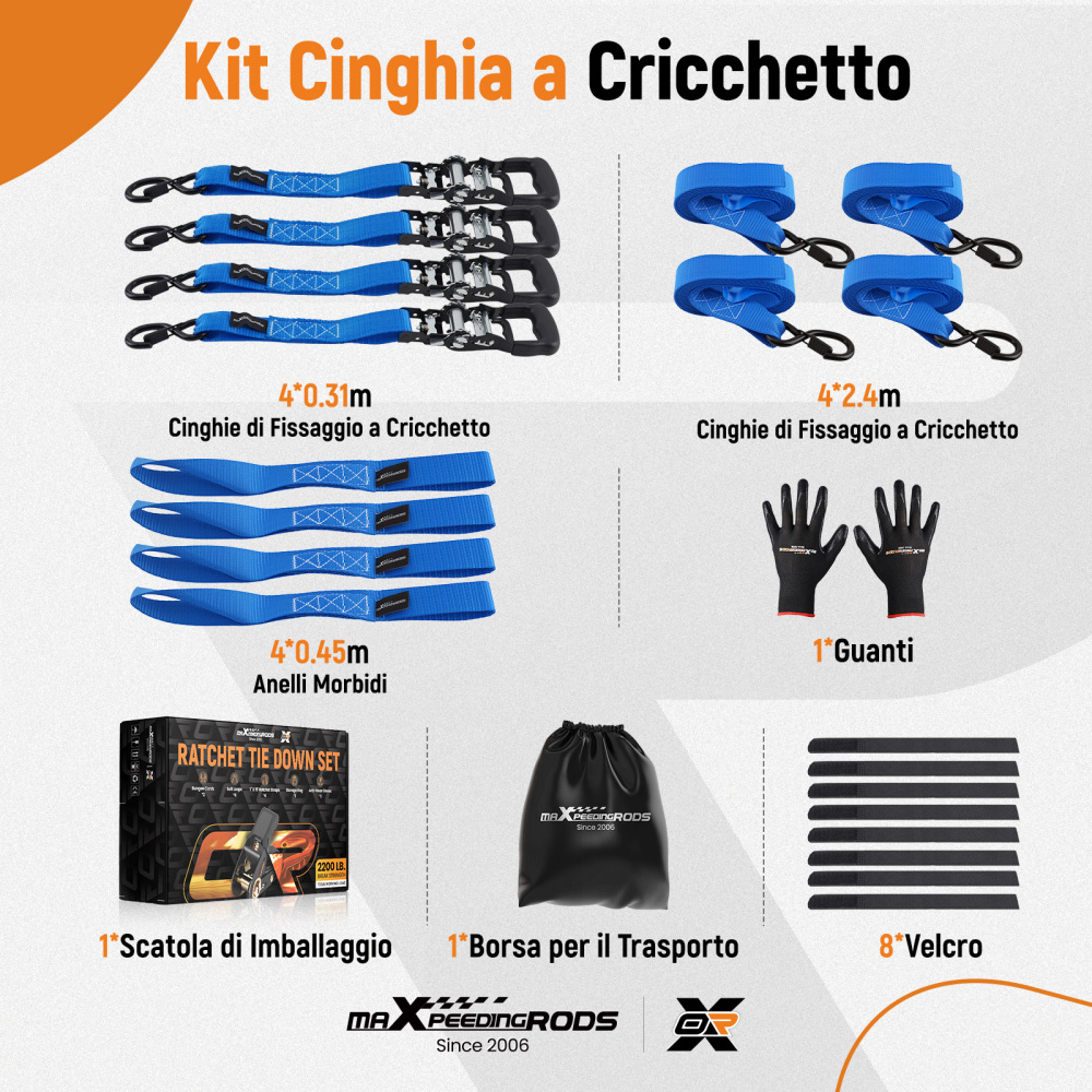 Cinghie di Ancoraggio a Cricchetto for Auto Moto ATV 2363kg 4pz Blu 2.4m