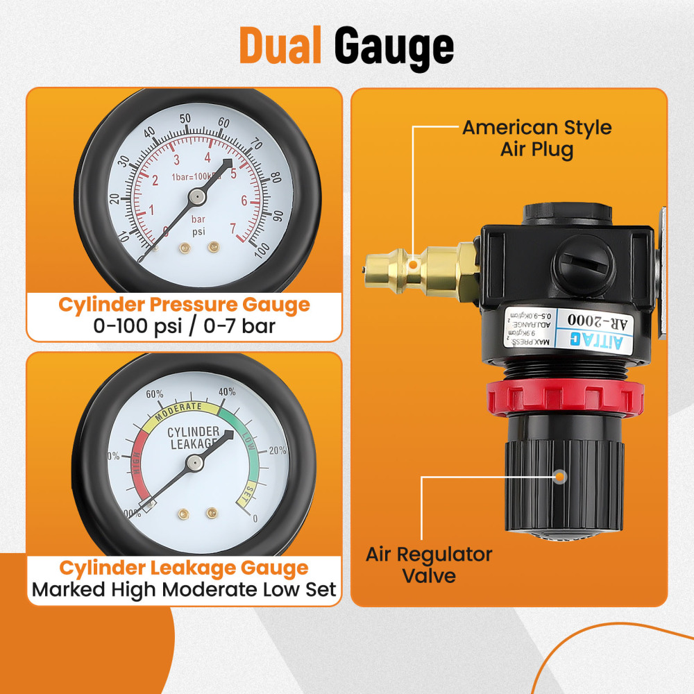 Engine Cylinder Leak Down Tester Kit for Pressure Check and Leakage Rate Test