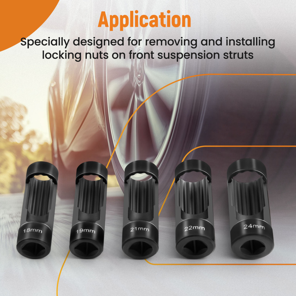 5pcs Strut Nut Socket 18mm 19mm 21mm 22mm 24mm 1/2 Drive Suspension Shock Tool