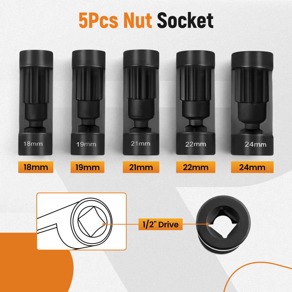 5pcs Strut Nut Socket 18mm 19mm 21mm 22mm 24mm 1/2 Drive Suspension Shock Tool