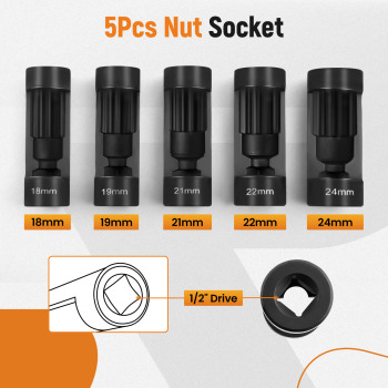 5pcs Strut Nut Socket 18mm 19mm 21mm 22mm 24mm 1/2 Drive Suspension Shock Tool