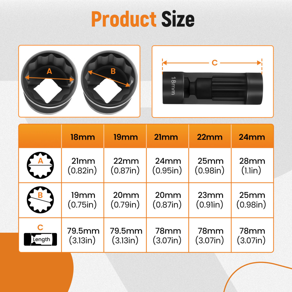 5pcs Strut Nut Socket 18mm 19mm 21mm 22mm 24mm 1/2 Drive Suspension Shock Tool