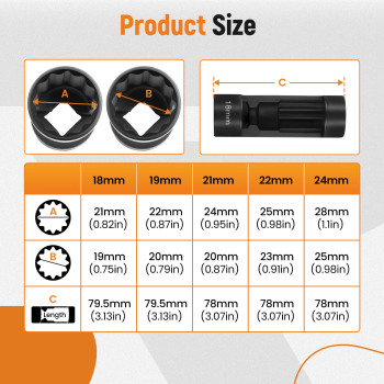 5pcs Strut Nut Socket 18mm 19mm 21mm 22mm 24mm 1/2 Drive Suspension Shock Tool