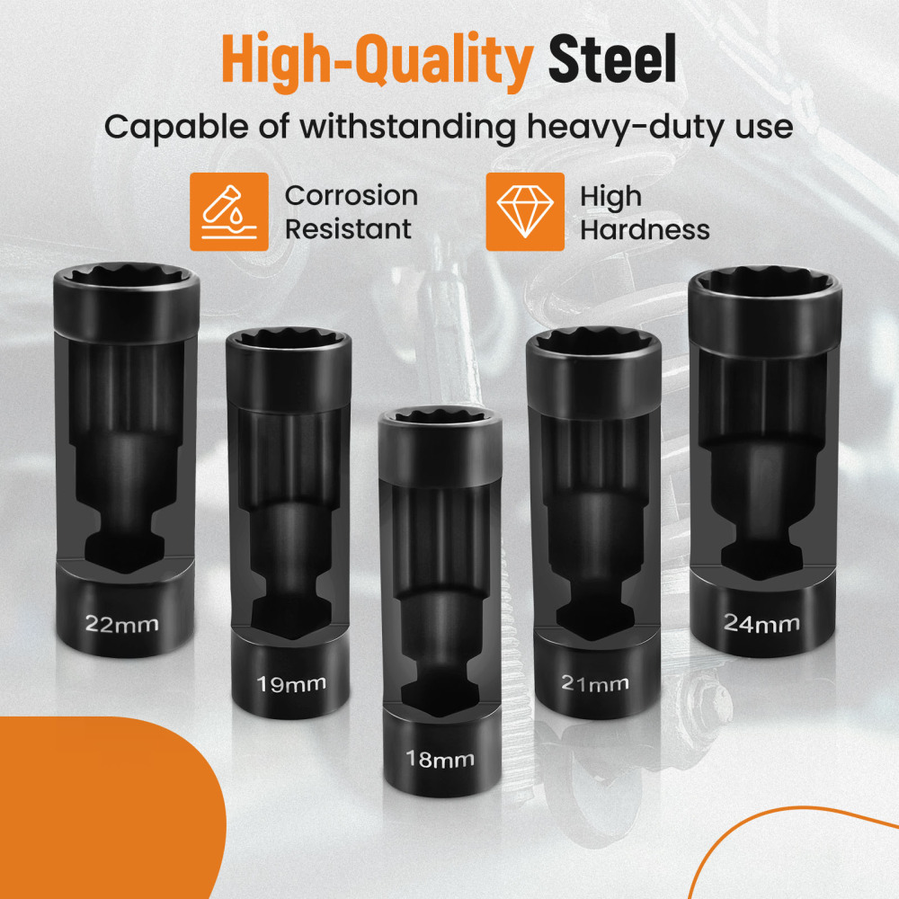 5pcs Strut Nut Socket 18mm 19mm 21mm 22mm 24mm 1/2 Drive Suspension Shock Tool