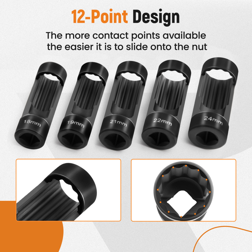 5pcs Strut Nut Socket 18mm 19mm 21mm 22mm 24mm 1/2 Drive Suspension Shock Tool