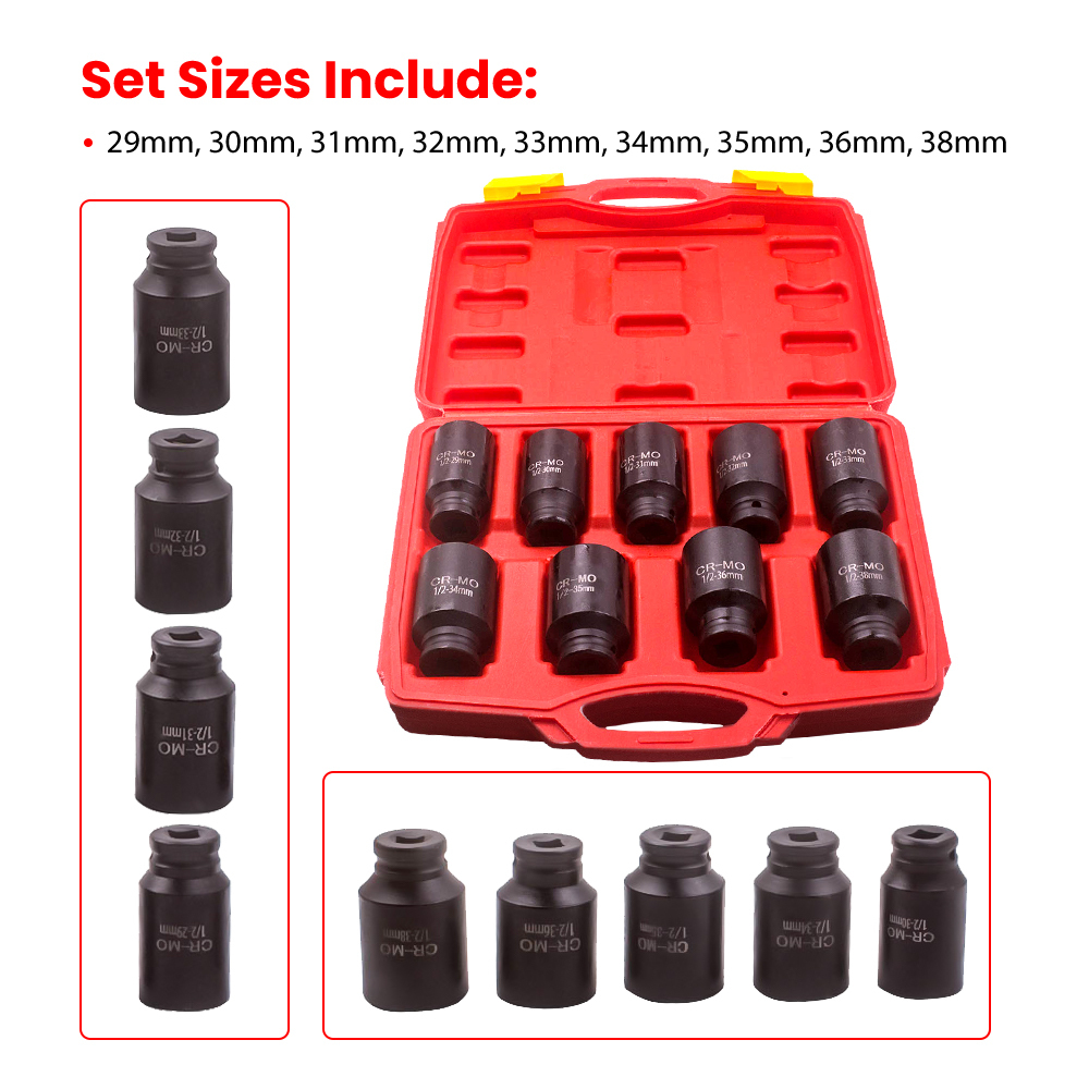 AXLE NUT SOCKET SET 9pc 1/2 inch Deep Drive *29*30*31*32*33*34*35*36*38mm Impact