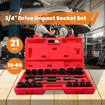 21PCS 3/4 inch 19-50mm Drive Deep Impact Socket Set Garage Repair Ratchets