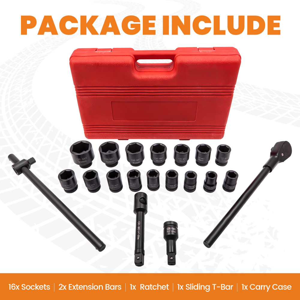 21PCS 3/4 inch 19-50mm Drive Deep Impact Socket Set Garage Repair Ratchets