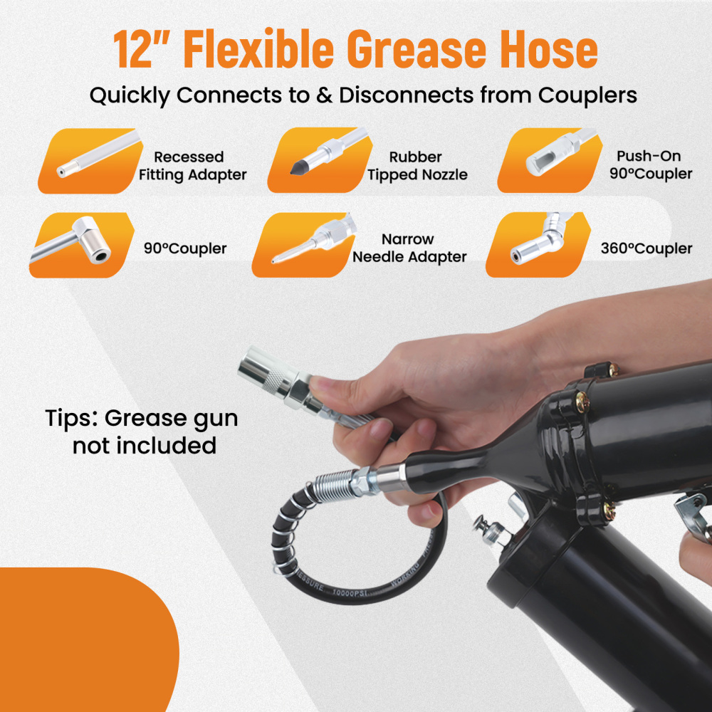 7pc Deluxe Grease Gun Fitting Kit for Auto Shop with 360°90° Swivel Couplers