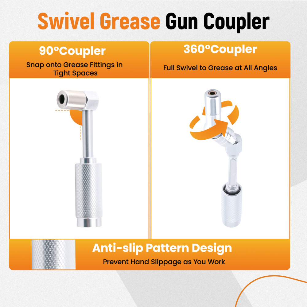 7pc Deluxe Grease Gun Fitting Kit for Auto Shop with 360°90° Swivel Couplers
