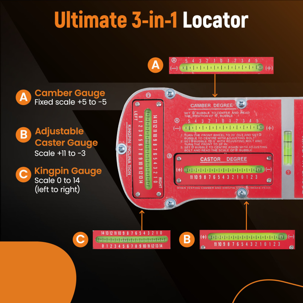 Camber, Castor,Kingpin Inclination Wheel Alignment Gauge w/ Magnetic Adapter