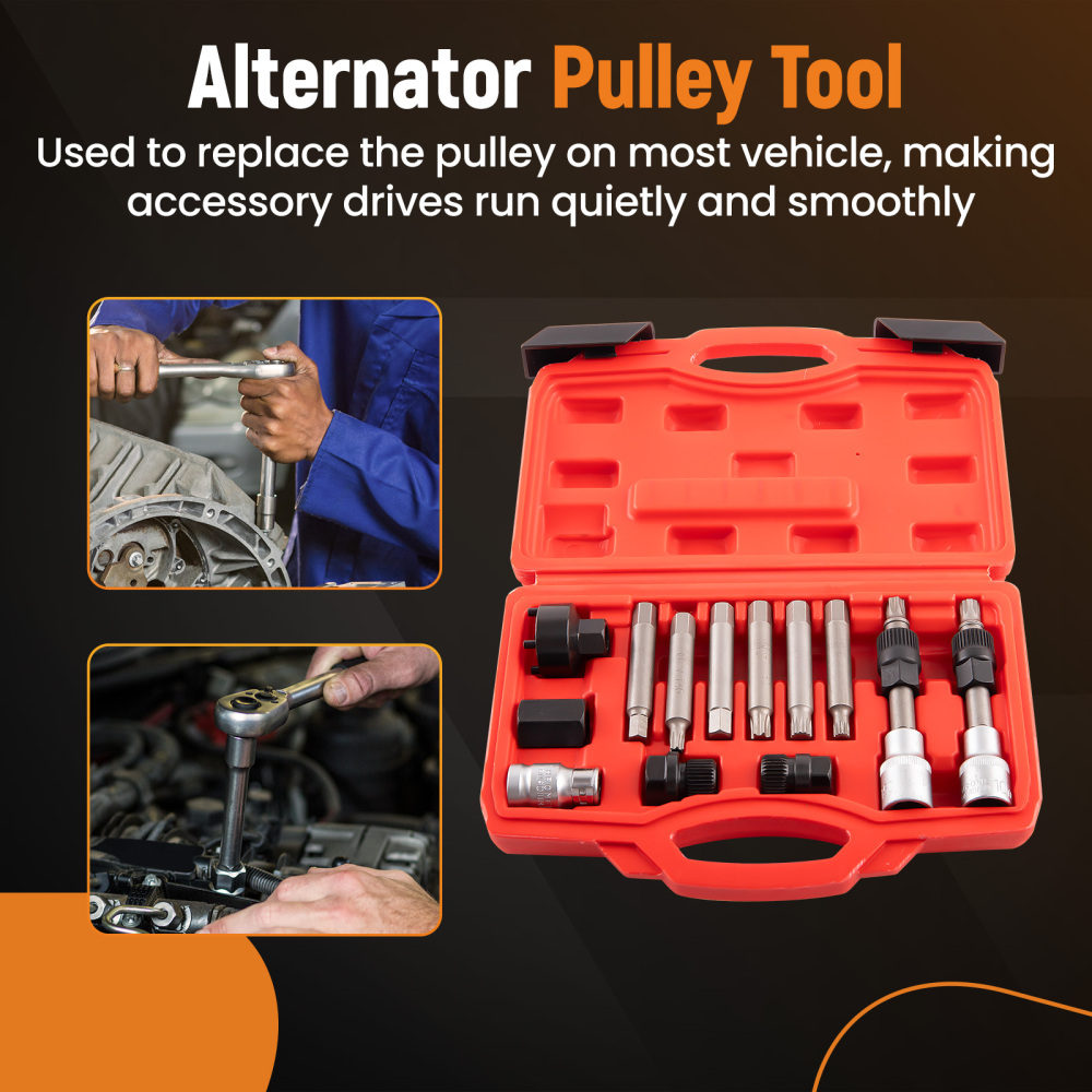 13pcs Alternator Freewheel Pulley Removal Socket Bit Set Garage Service Tool Kit