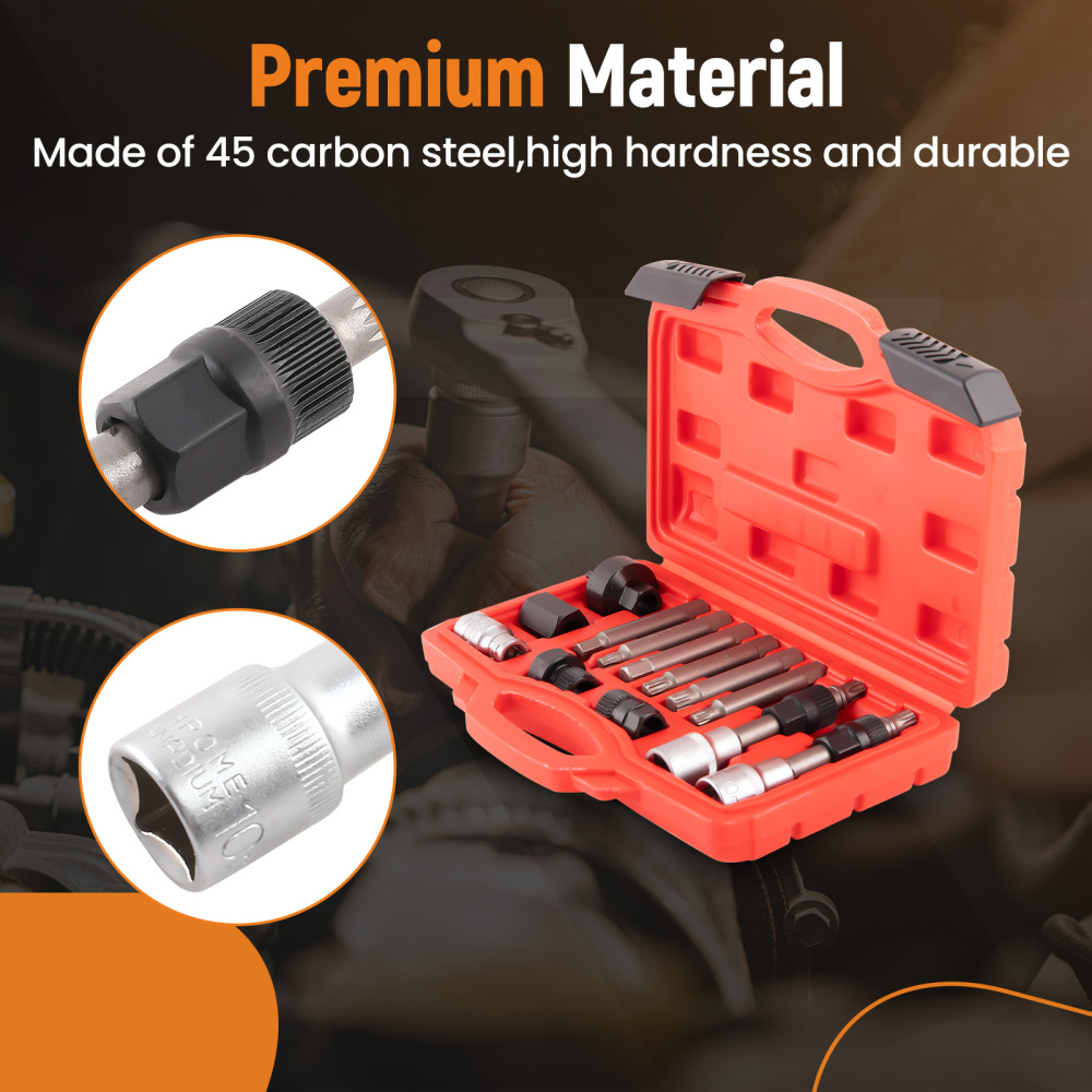 13pcs Alternator Freewheel Pulley Removal Socket Bit Set Garage Service Tool Kit