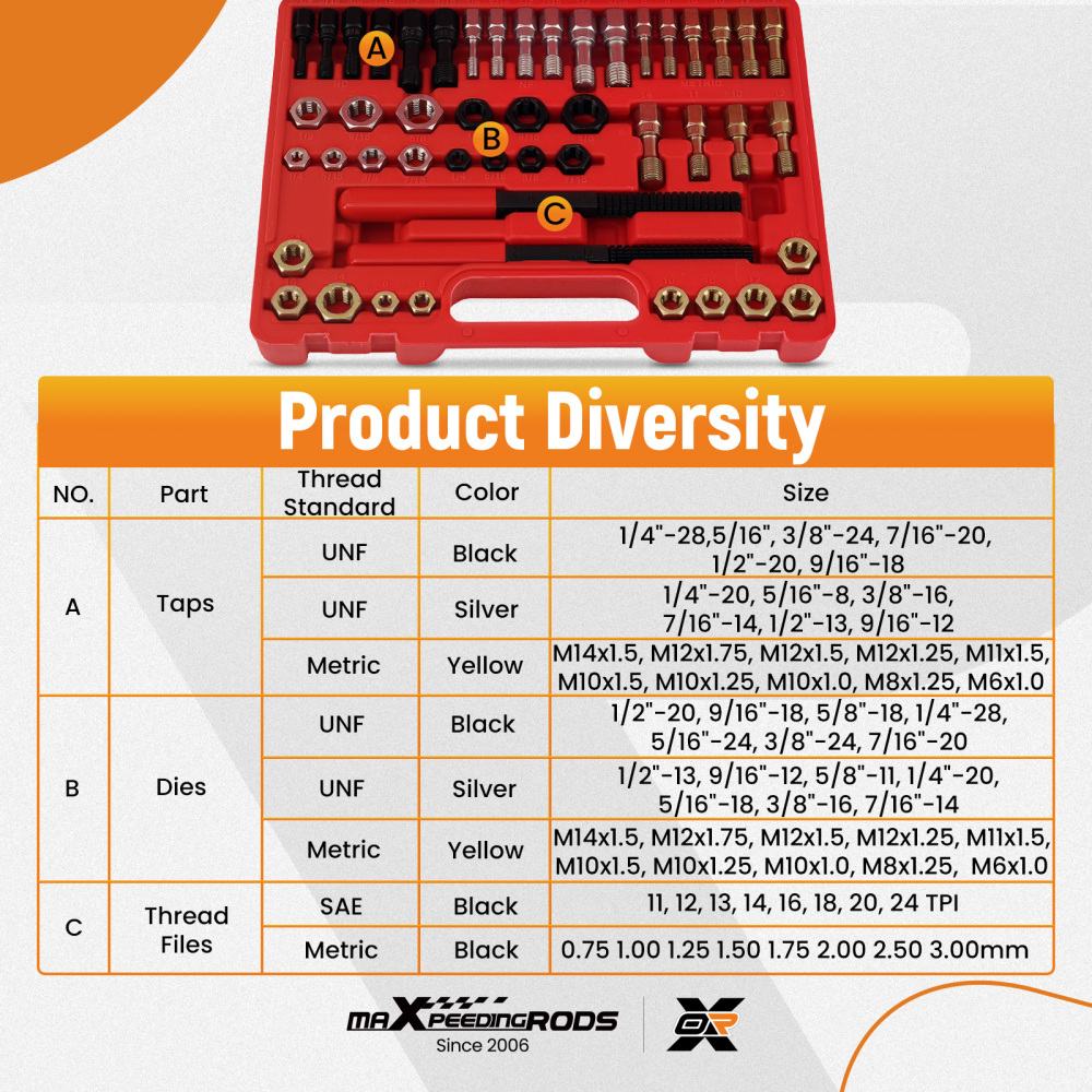 48pc Metric SAE Thread Kit for Vehicle Engine Repair M6-M14 UNC UNF Tool Set