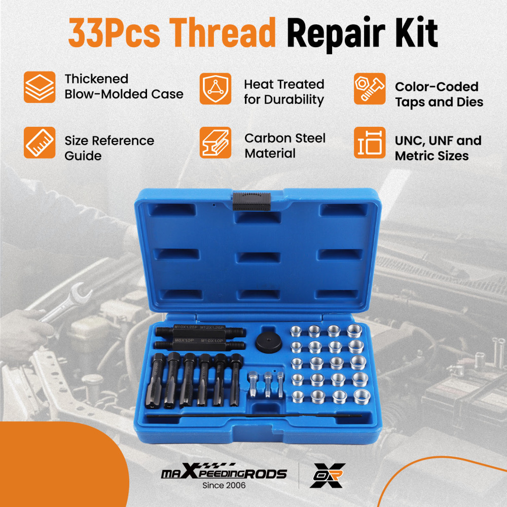 33PCS Glow Plug Thread Repair Tool Kit M12 for Cylinder Head Thread Chaser Set