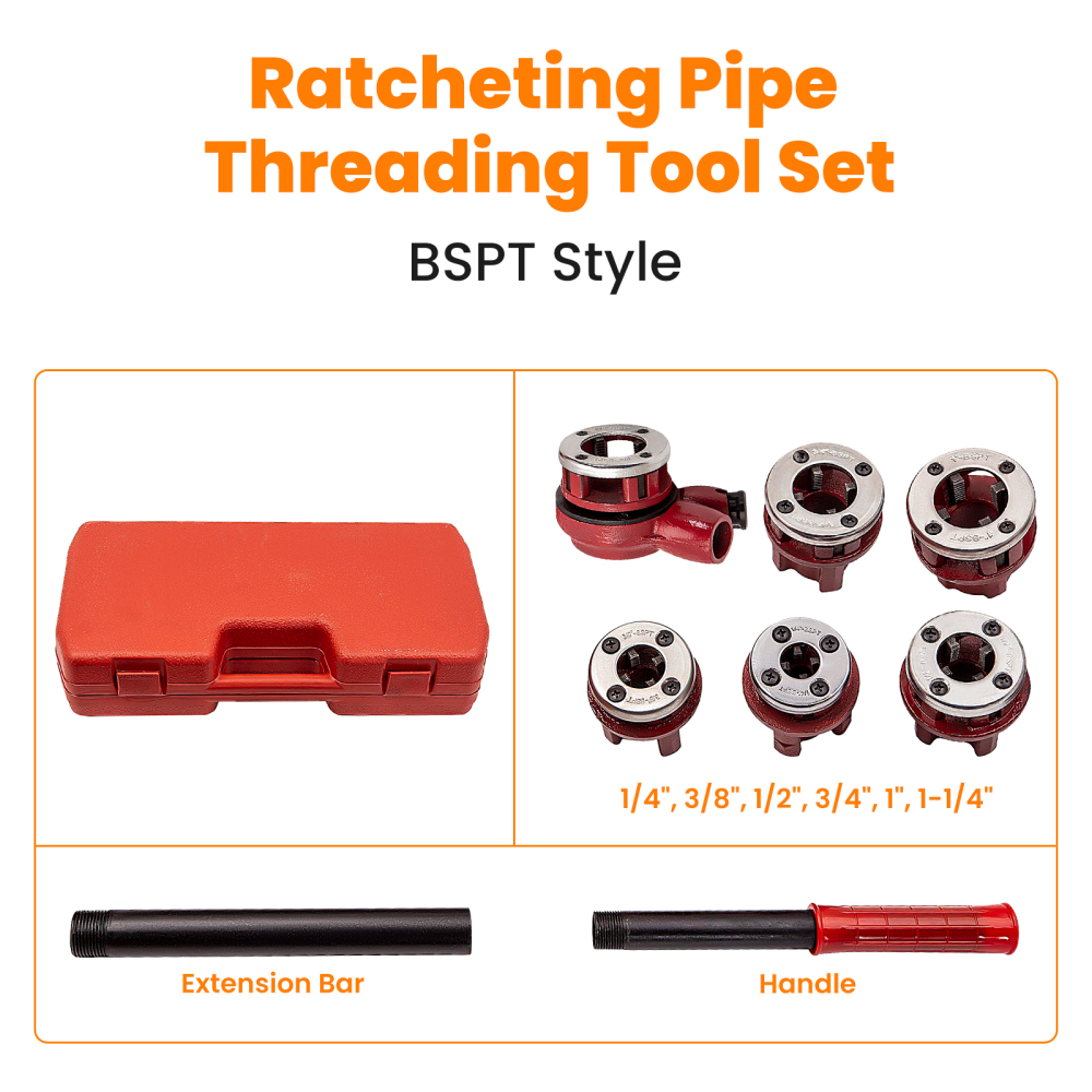8x Pipe Threading Kit BSPT Thread Cutting Steel Threader Plumbers Set
