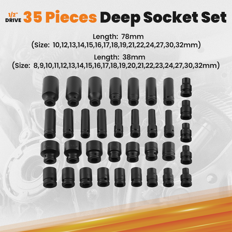 35Pcs 1/2 Metric Drive Deep Impact Socket Tools Kit Garage Workshop 8-30 32m