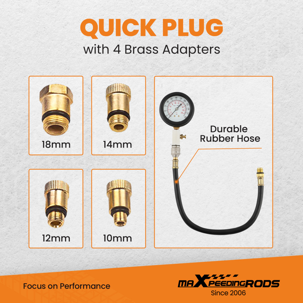 Kit de testeur de compression de cylindre de moteur à essence 8pcs pour voitures, camions, motos, etc.