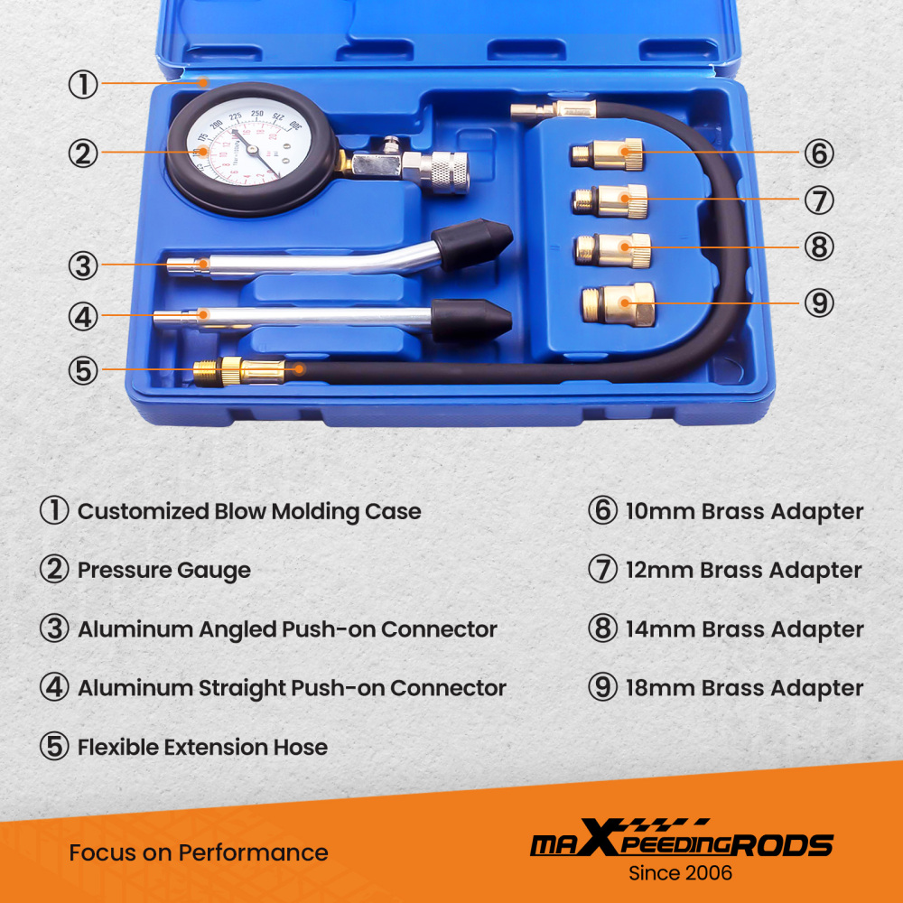 Kit de testeur de compression de cylindre de moteur à essence 8pcs pour voitures, camions, motos, etc.