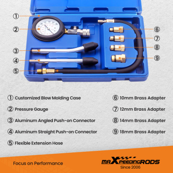 Kit de testeur de compression de cylindre de moteur à essence 8pcs pour voitures, camions, motos, etc.