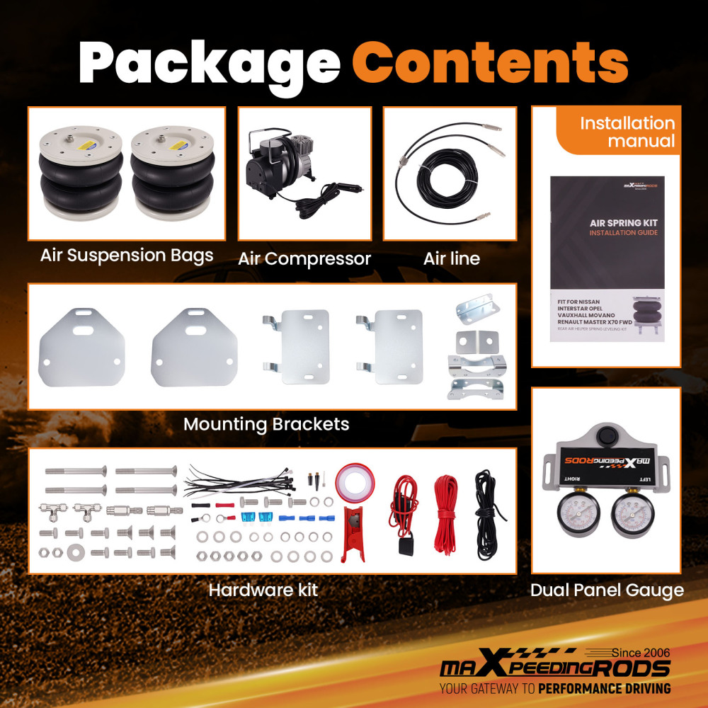 Air Suspension Kit W/ Dual Gauge compatible for Vauxhall Movano X70 compatible for FWD 1999-2010 4000KG