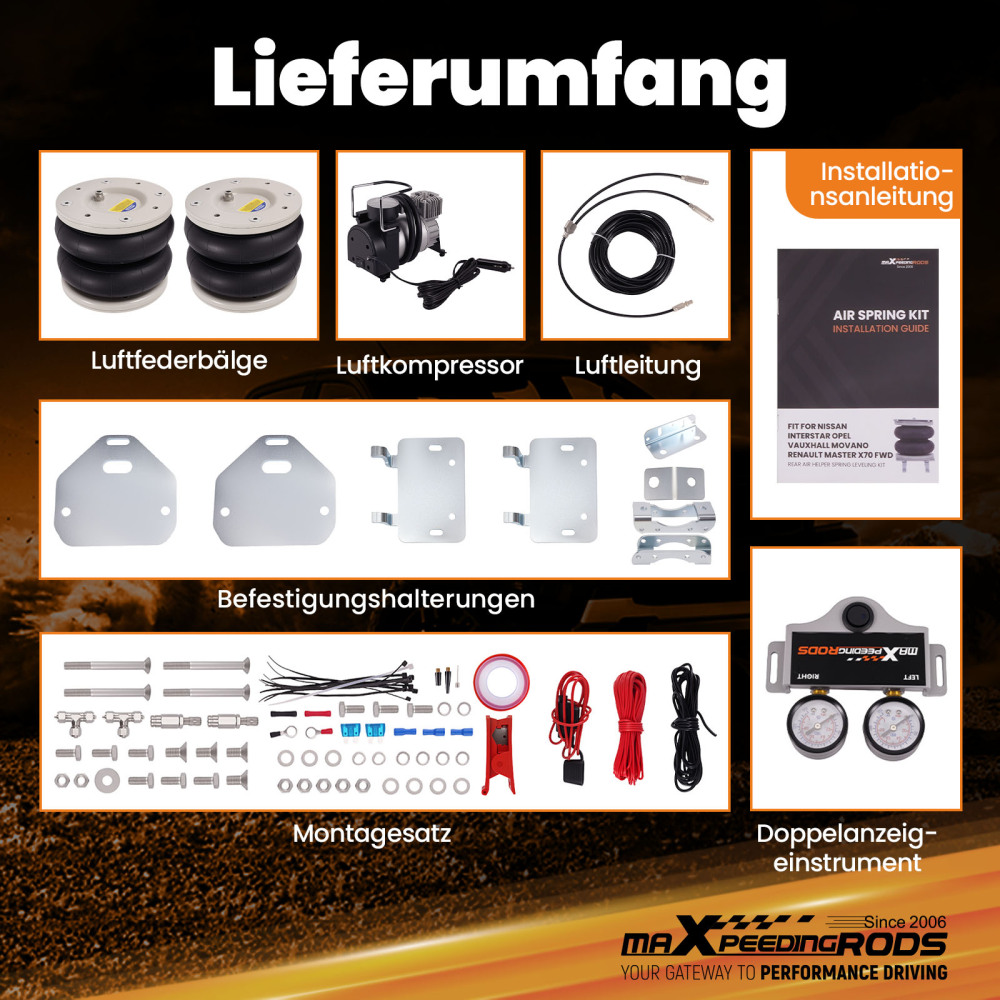 Air Suspension Kit W/ Dual Gauge compatible for Vauxhall Movano X70 compatible for FWD 1999-2010 4000KG