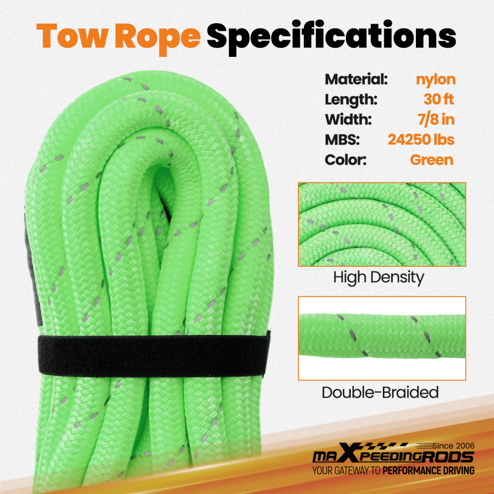 24250lbs Kinetic Recovery Rope Tow Rope Offroad Recovery Kit w/ 2 Soft Shackles