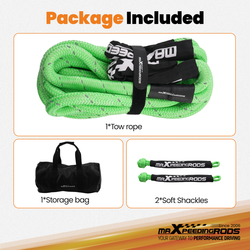 24250lbs Kinetic Recovery Rope Tow Rope Offroad Recovery Kit w/ 2 Soft Shackles