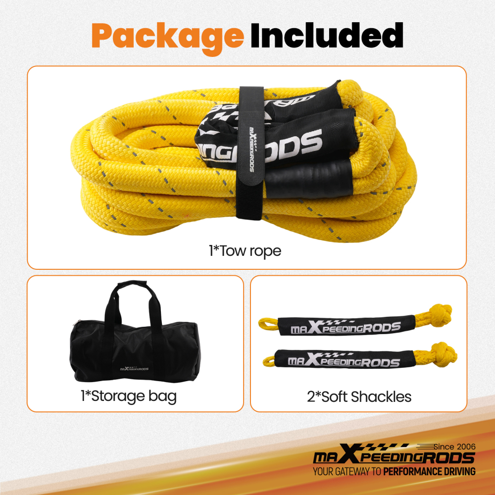 1in Nylon Tow Rope 30ft for Off-Road Vehicles 30864lbs + Storage Bag Shackles