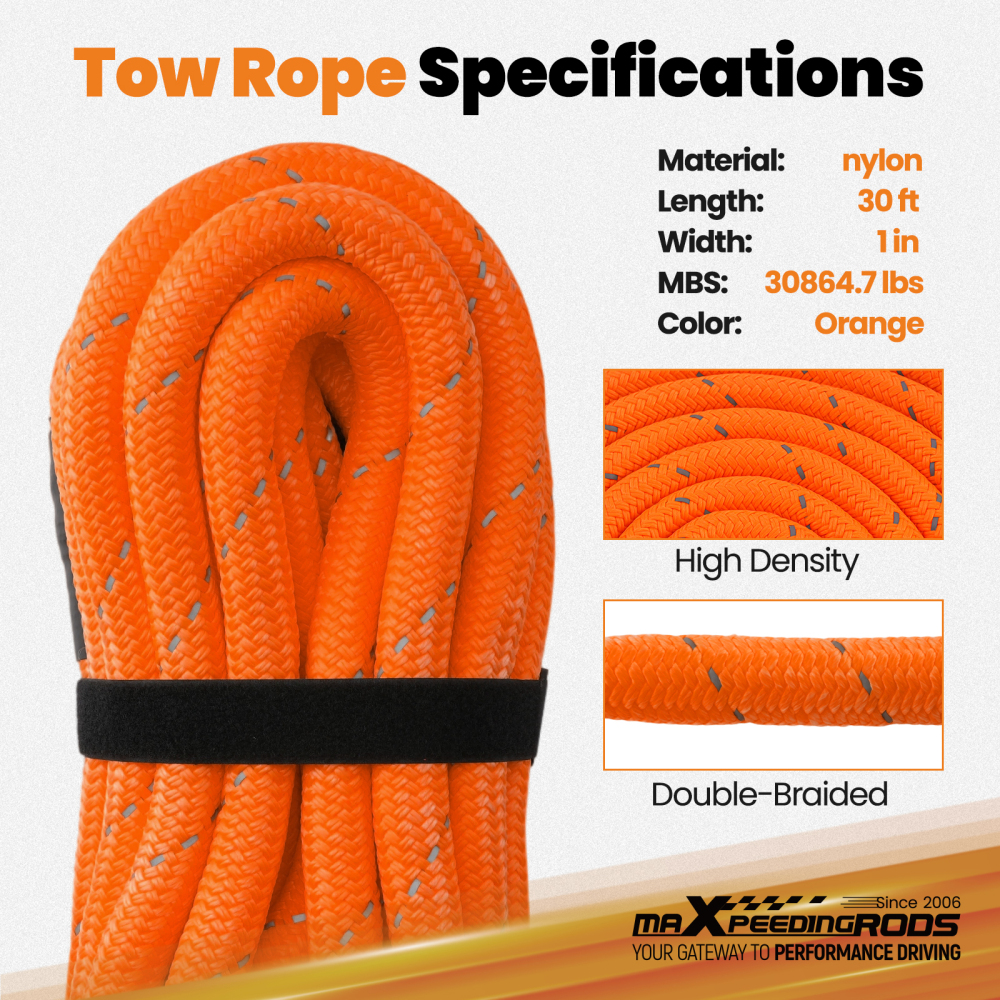 1in x 30ft Kinetic Recovery Rope 30864lbs W/ Winch damper + 2*Soft Shackles