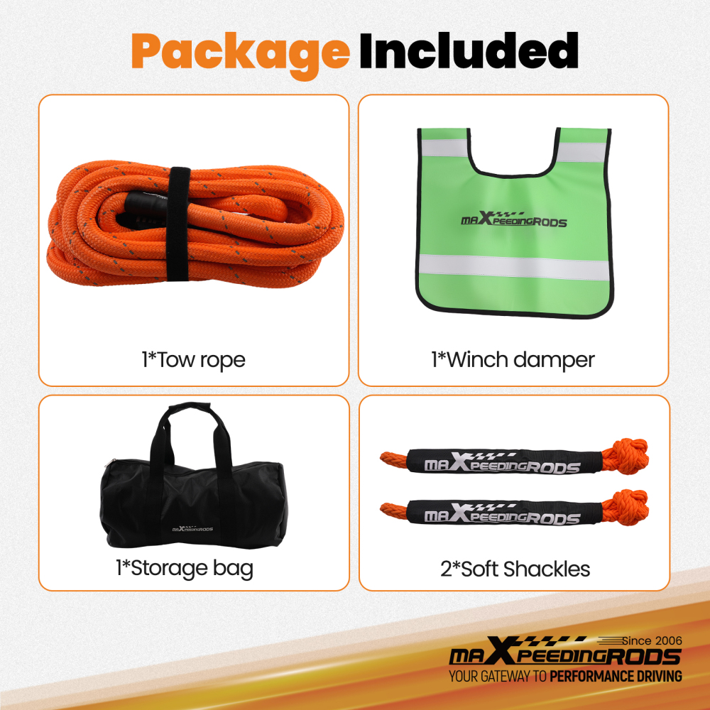 1in x 30ft Kinetic Recovery Rope 30864lbs W/ Winch damper + 2*Soft Shackles