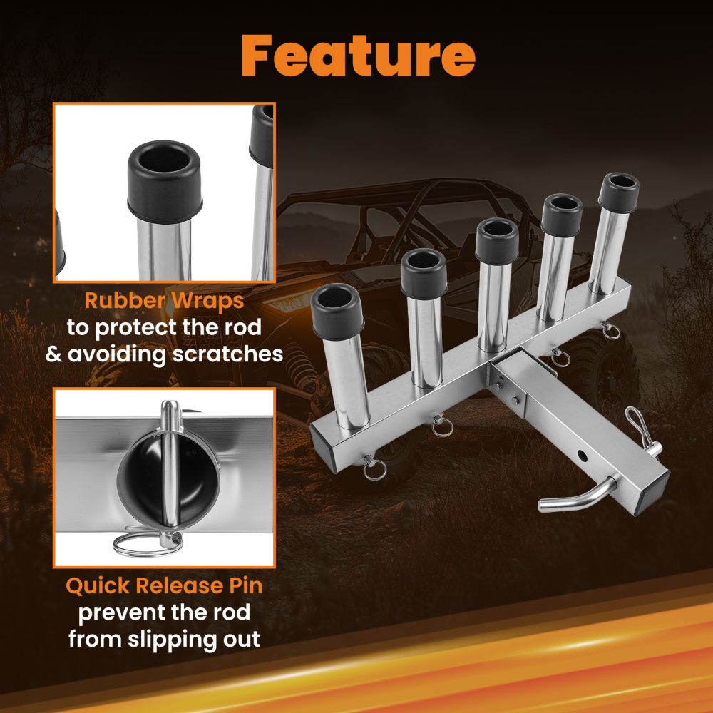 2 Hitch Mount 5 Rod Fishing Pole Holder For Vehicle Stainless Steel Quick