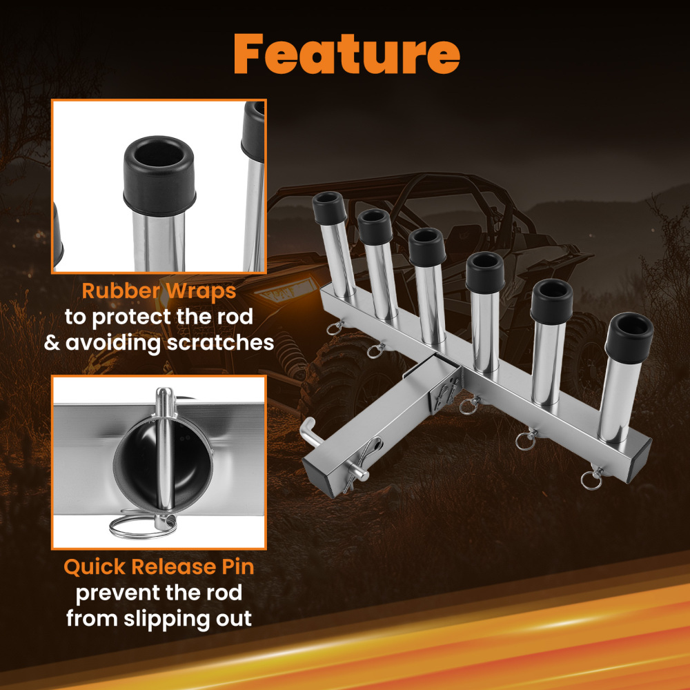 Stainless Steel 6 Rod Fishing Rod Pole Holder For Vehicle With 2 Hitch Mount
