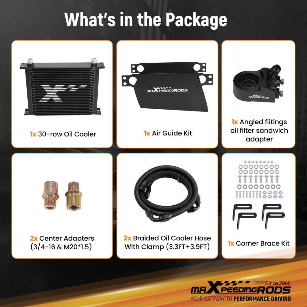 30Row Universal Engine Oil Cooler 10AN Black Aluminum Thermostatic Adapter Kit