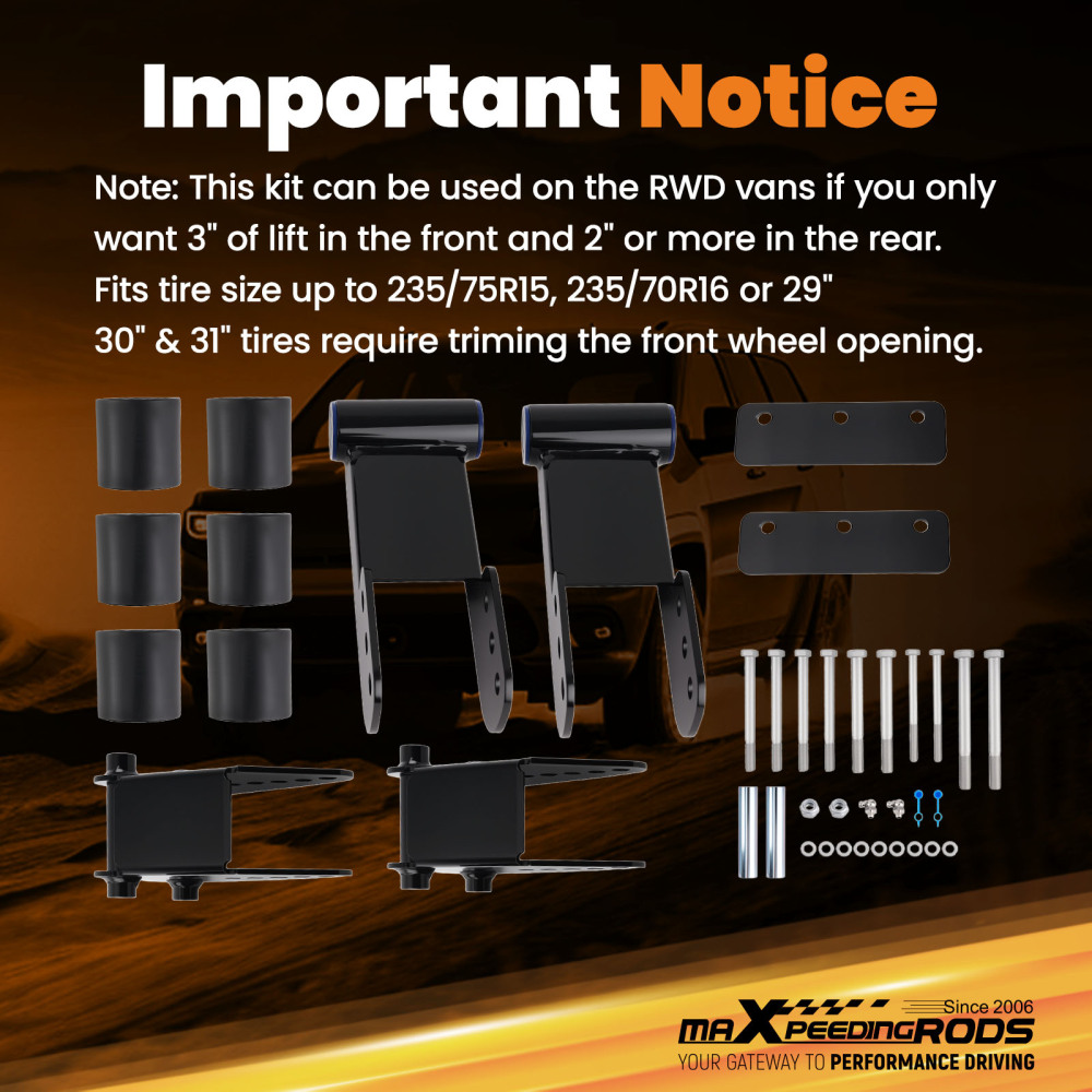 3 Front 2-5 Rear Body Lift Kit compatible for Chevy Astro compatible for GMC Safari AWD 1996-2005