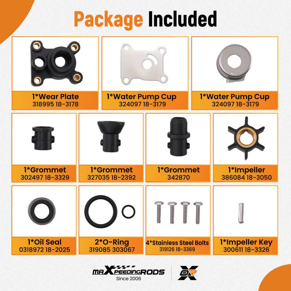 Impeller Kit compatible for Johnson Evinrude 15HP 1974+ 394711 386697 389112 18-3327