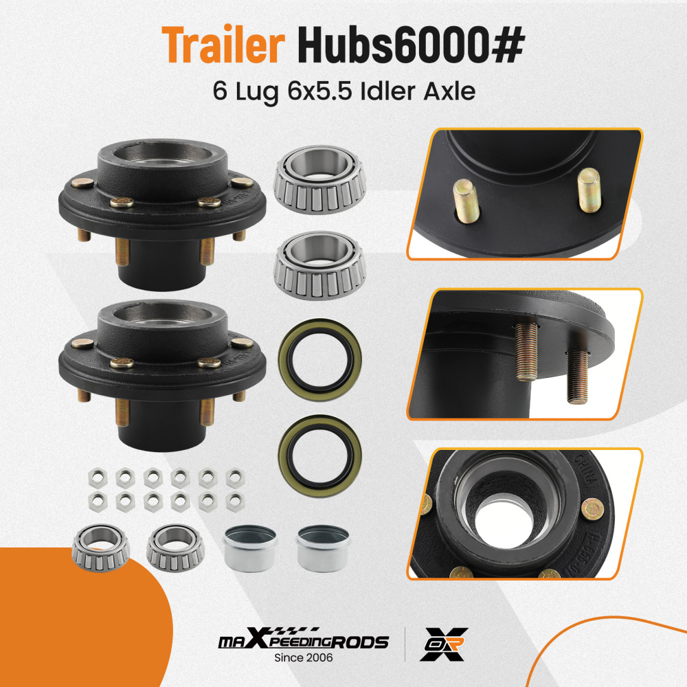 Pair Trailer Hubs with 6000# 6 Lug 6x5.5 Idler Axle Bearings Seals Lug Nuts