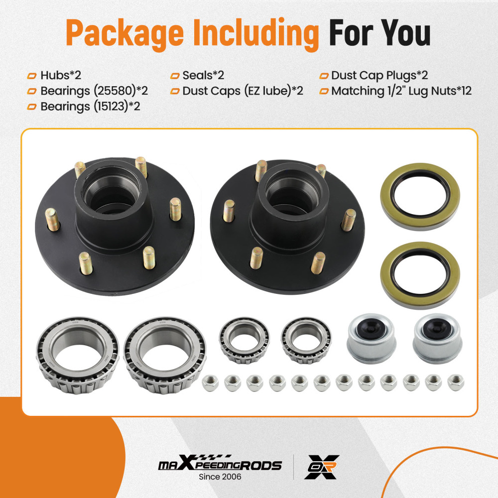 Pair Trailer Hubs with 6000# 6 Lug 6x5.5 Idler Axle Bearings Seals Lug Nuts