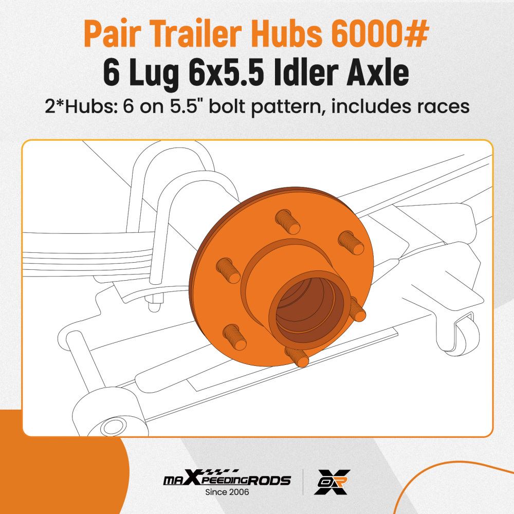 Pair Trailer Hubs with 6000# 6 Lug 6x5.5 Idler Axle Bearings Seals Lug Nuts