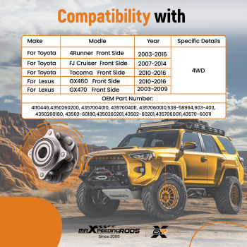 Front Wheel Hub Bearing Assembly Driver Passenger compatible for Tacoma 4 Runner FJ 4WD