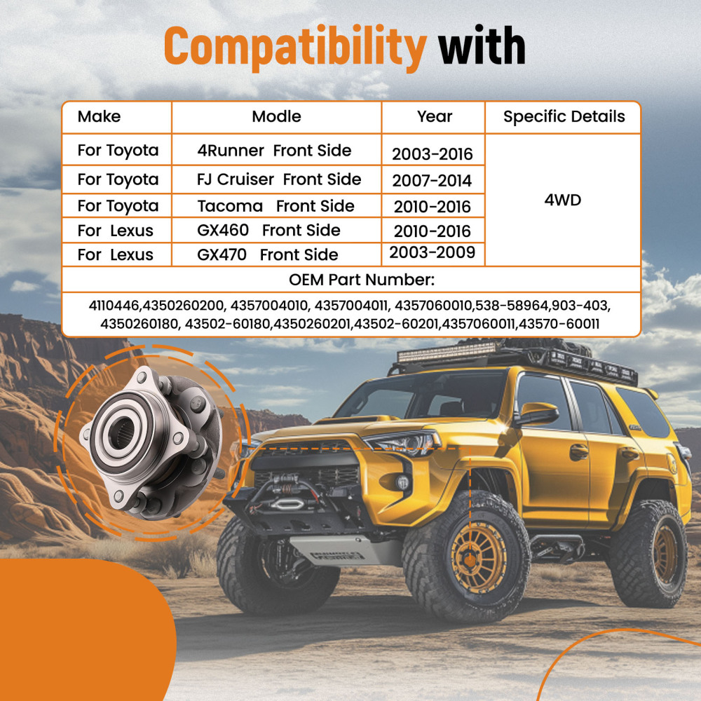 Front Wheel Hub Bearing Assembly Driver Passenger compatible for Tacoma 4 Runner FJ 4WD